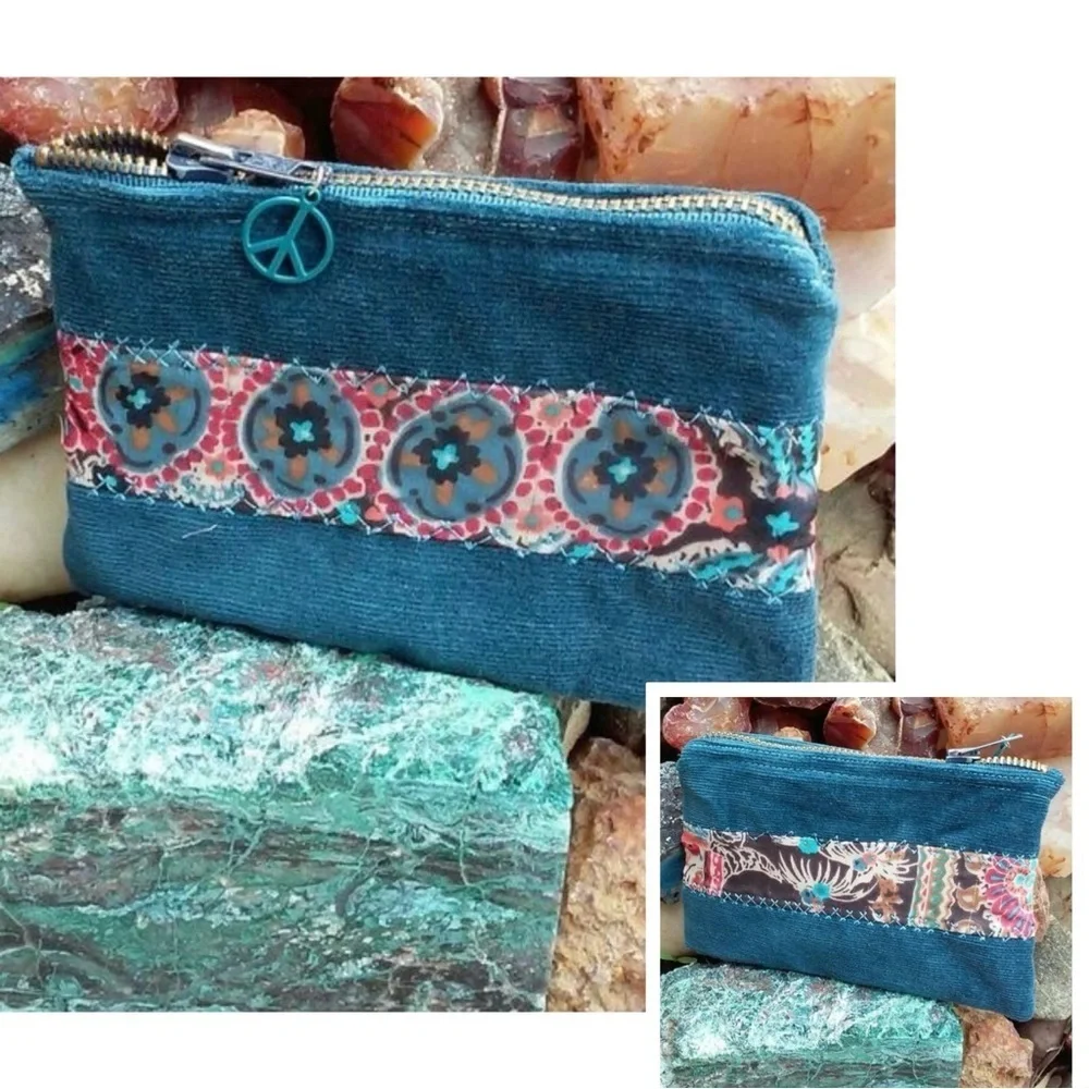 Handmade Turquoise Corduroy Pattered Zippered Pouch